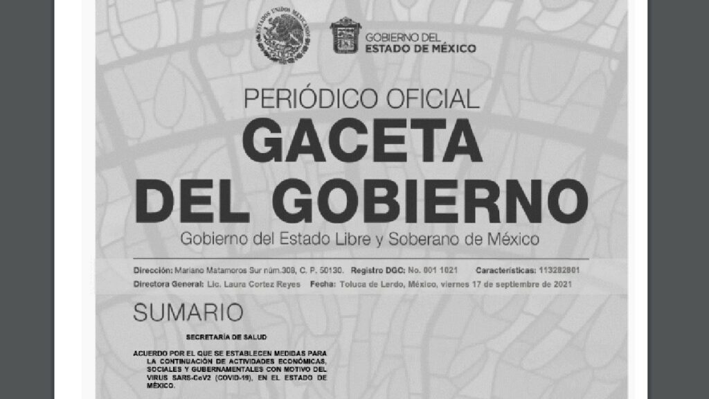 Periódico oficial del Estado de México: Acuerdo semáforo Covid amarillo septiembre 2021 Foto: Especial