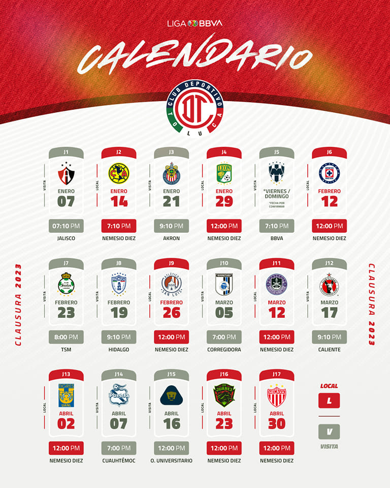 Deportivo Toluca Futbol Club. Calendario Torneo Clausura 2023
